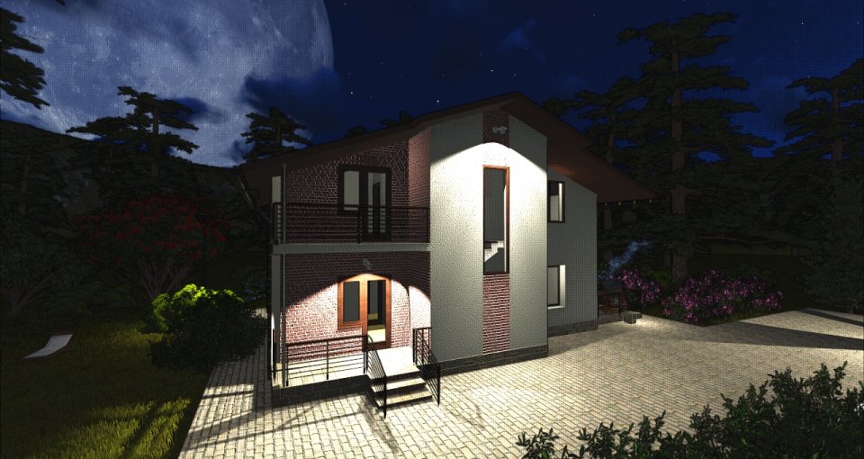 Проект каркасного дома №104: вид спереди ночью
