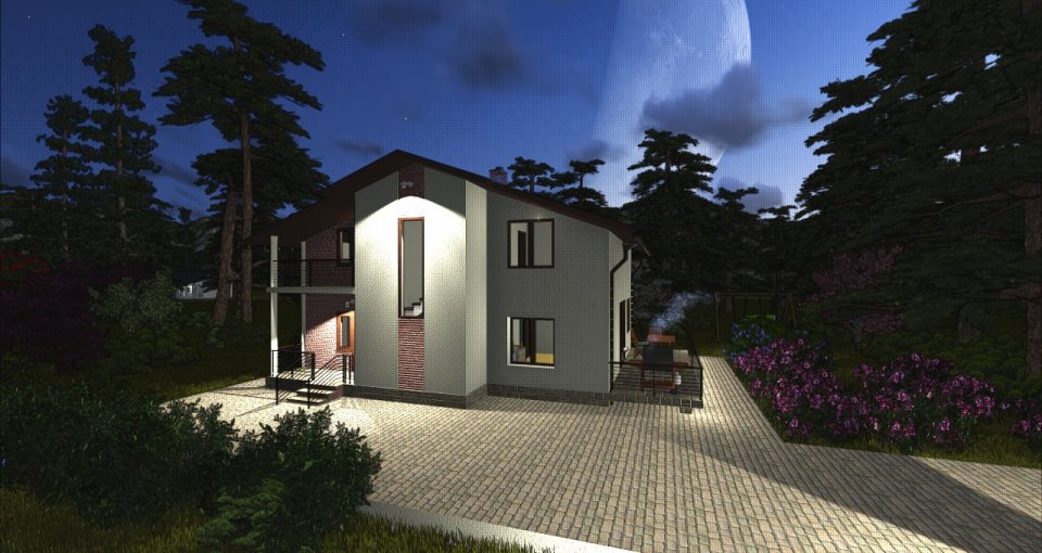 Проект каркасного дома №104: вид спереди справа ночью