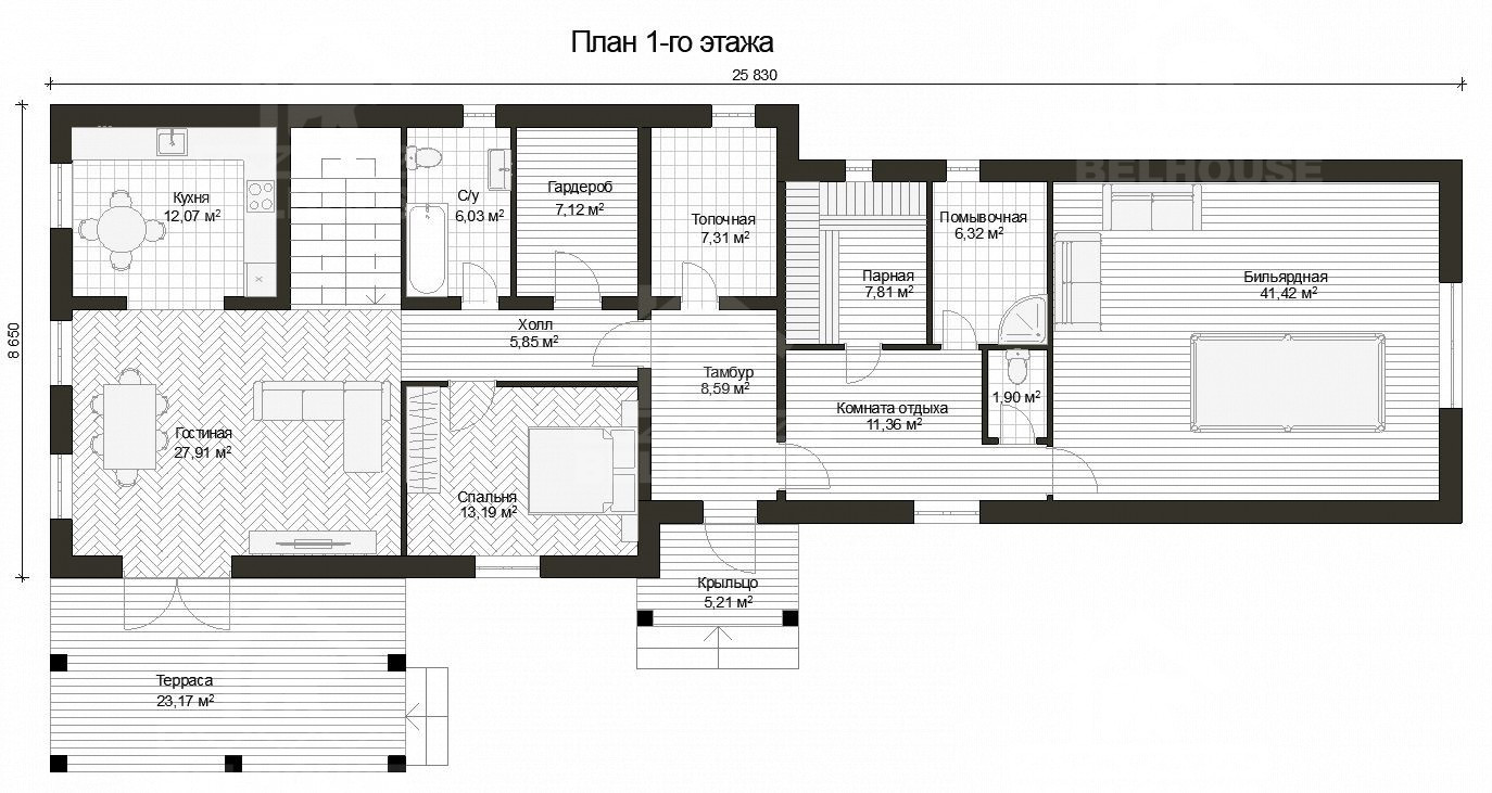 Барнхаус из газобетона, проект №266к - планировка