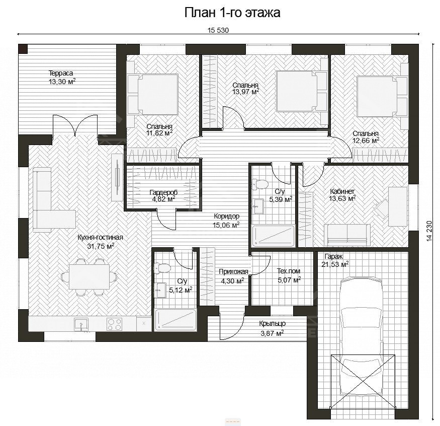 Дом из газобетона, проект №370к - планировка